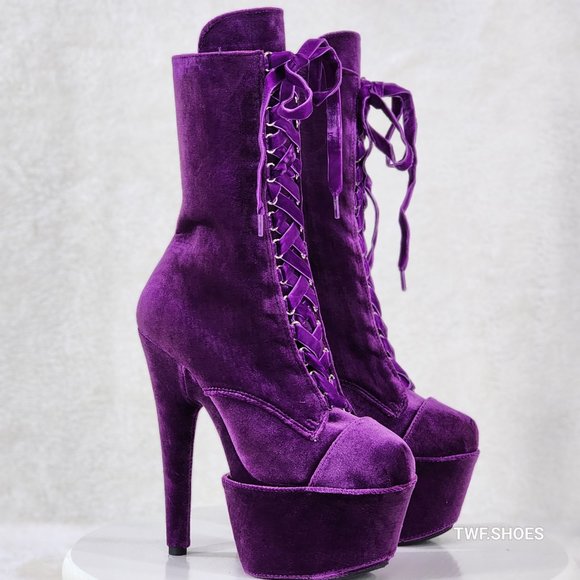 1020 Purple Velvet 7" High Heel Platform Ankle Boots With Boot Protectors - Picture 8 of 8